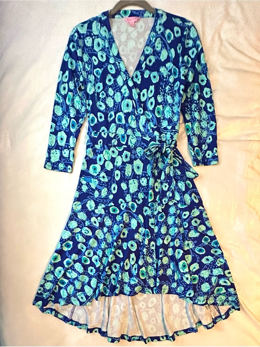Lilly Pulitzer Rozaline Wrap Dress Blue Aqua Lil Kitty S High Low 3/4 Slv V-neck